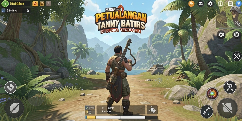 Screenshot menunjukkan gameplay eksplorasi luas di dunia terbuka 555F.