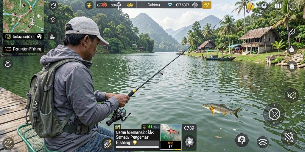 Tampilan gameplay C789 yang menakjubkan saat memancing di danau.
