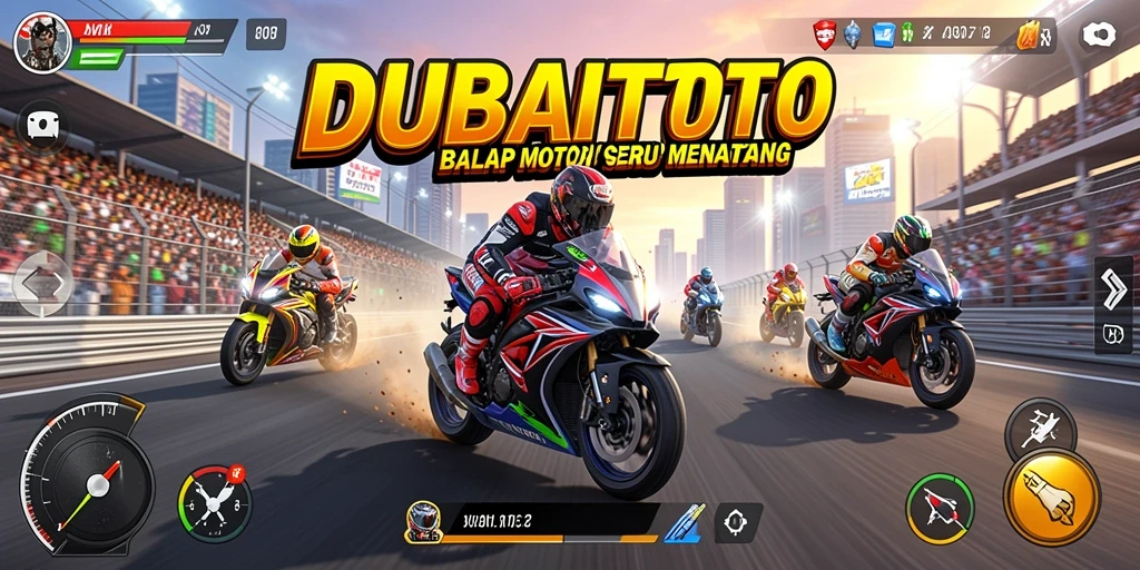 Screenshot gameplay DUBAITOTO menampilkan aksi balap motor yang menegangkan.