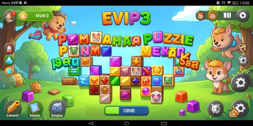 Tampilan gameplay EVIP3 yang penuh warna dan menantang teka-teki.