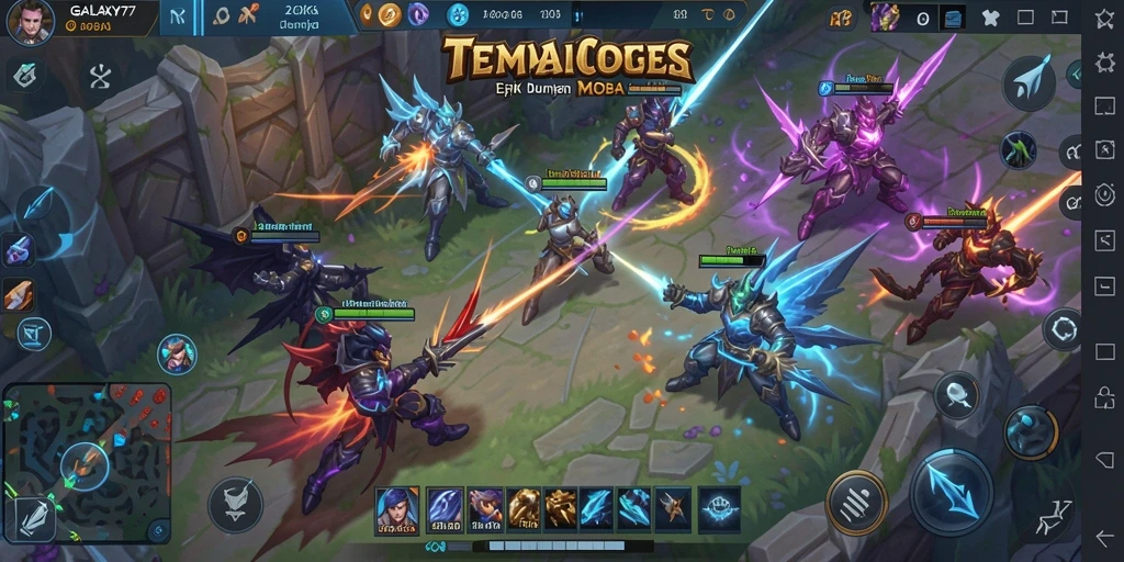 Screenshot gameplay MOBA GALAXY77 dengan aksi pertempuran intens.