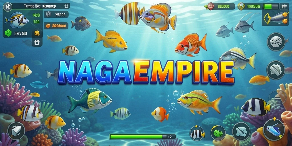 Screenshot gameplay NAGAEMPIRE dengan aksi seru menangkap ikan.