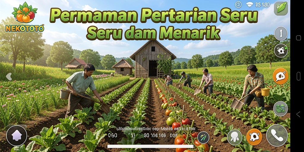 Tampilan gameplay NEKOTOTO yang menampilkan ladang subur dan tanaman menghijau.