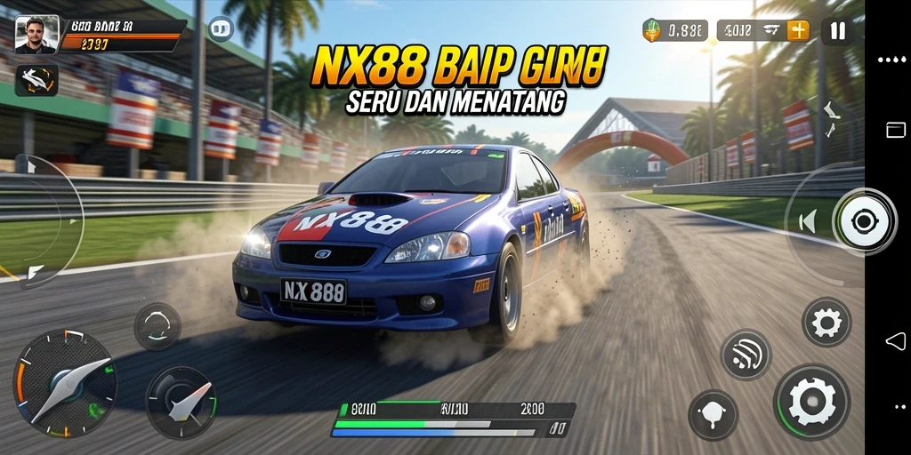 Screenshot gameplay NX888 menampilkan aksi balap yang seru dan mendebarkan.