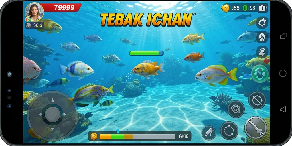 Tangkapan layar gameplay T9999 menampilkan aksi menembak ikan yang seru.