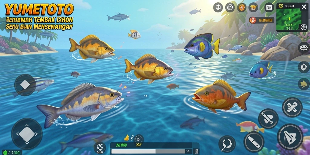 Tampilan gameplay YUMETOTO yang menampilkan aksi tembak ikan yang seru.